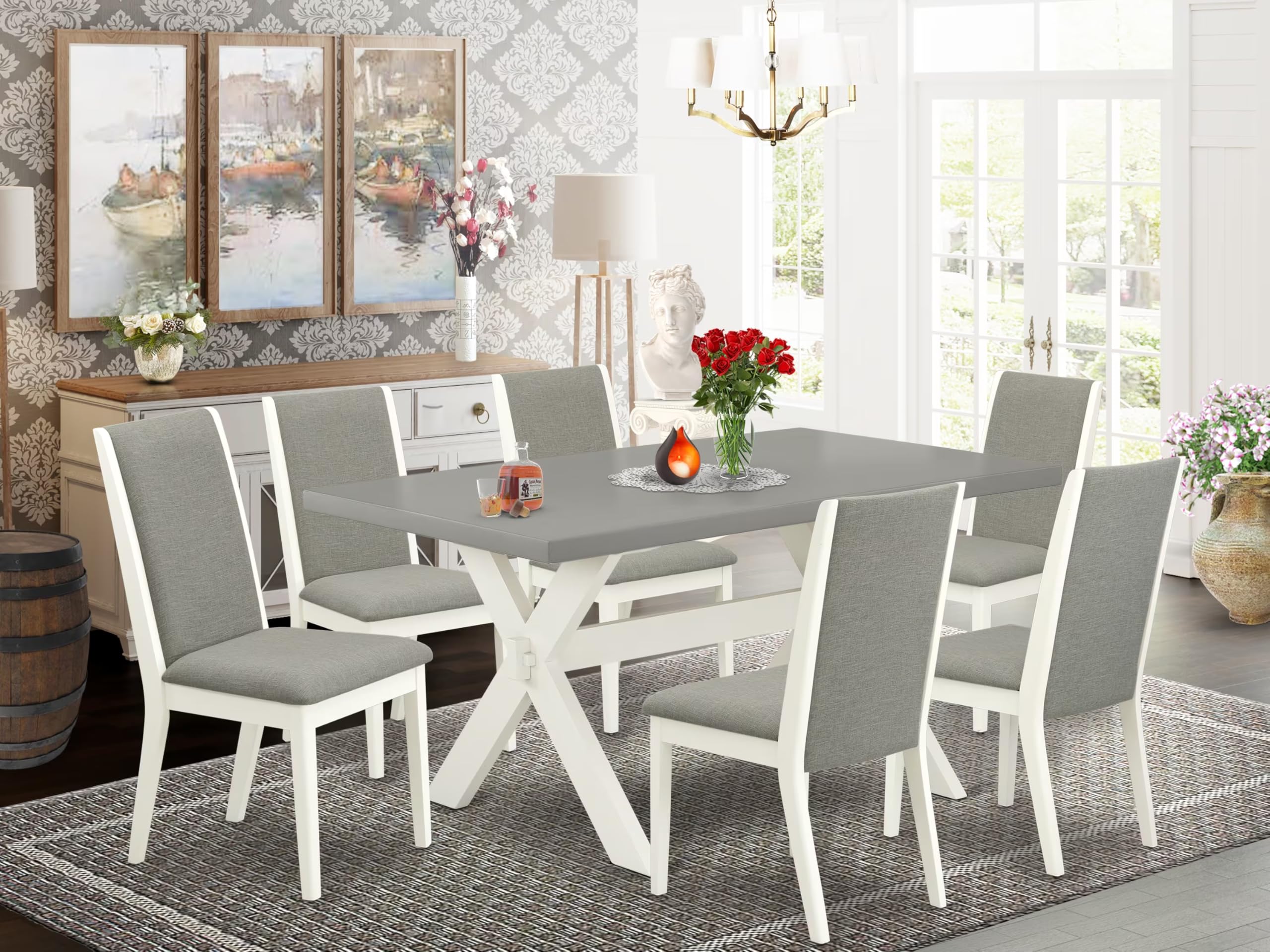 East West Furniture X096La206-7 7 Piece Dinette Set Consist Of A Rectangle Dining Room Table With X-Legs And 6 Shitake Linen Fabric Parson Dining Chairs, 36X60 Inch, Multi-Color
